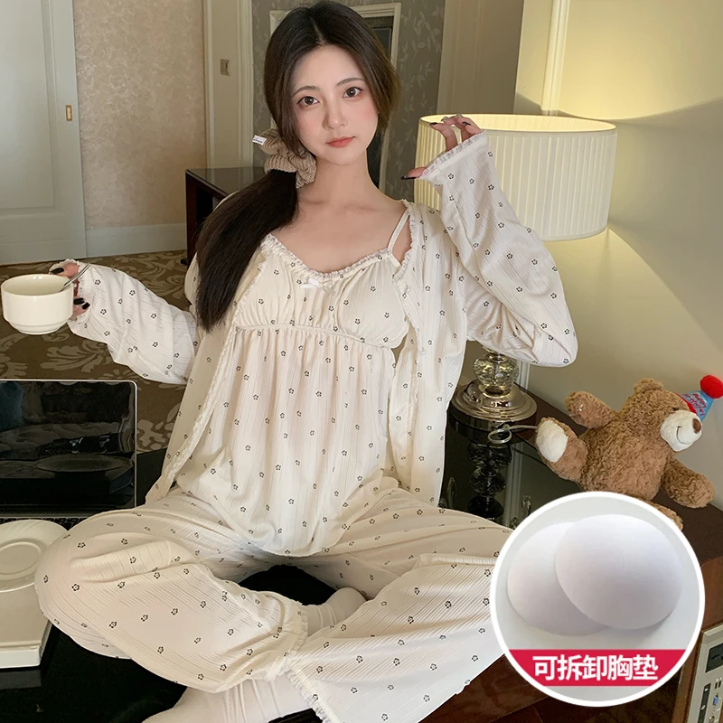 春秋新款带胸垫丝光棉吊带长袖性感风睡衣女三件套家居服