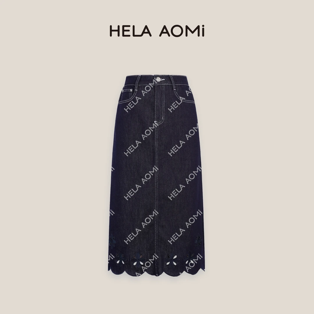 HELA AOMI“镂空牛仔裙”莱赛尔设计感花边百搭牛仔半裙CY5BM71541