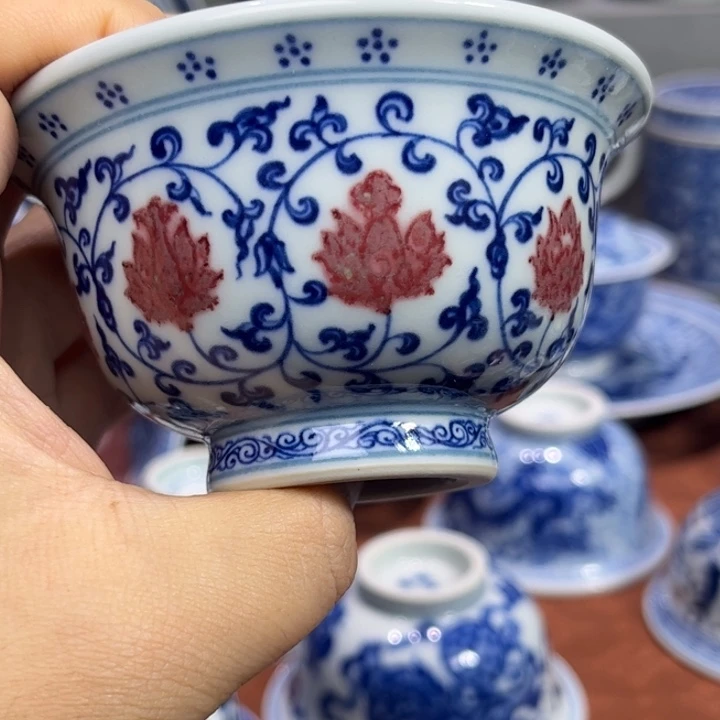 摆件陶景德镇陶瓷青花釉里红压手杯