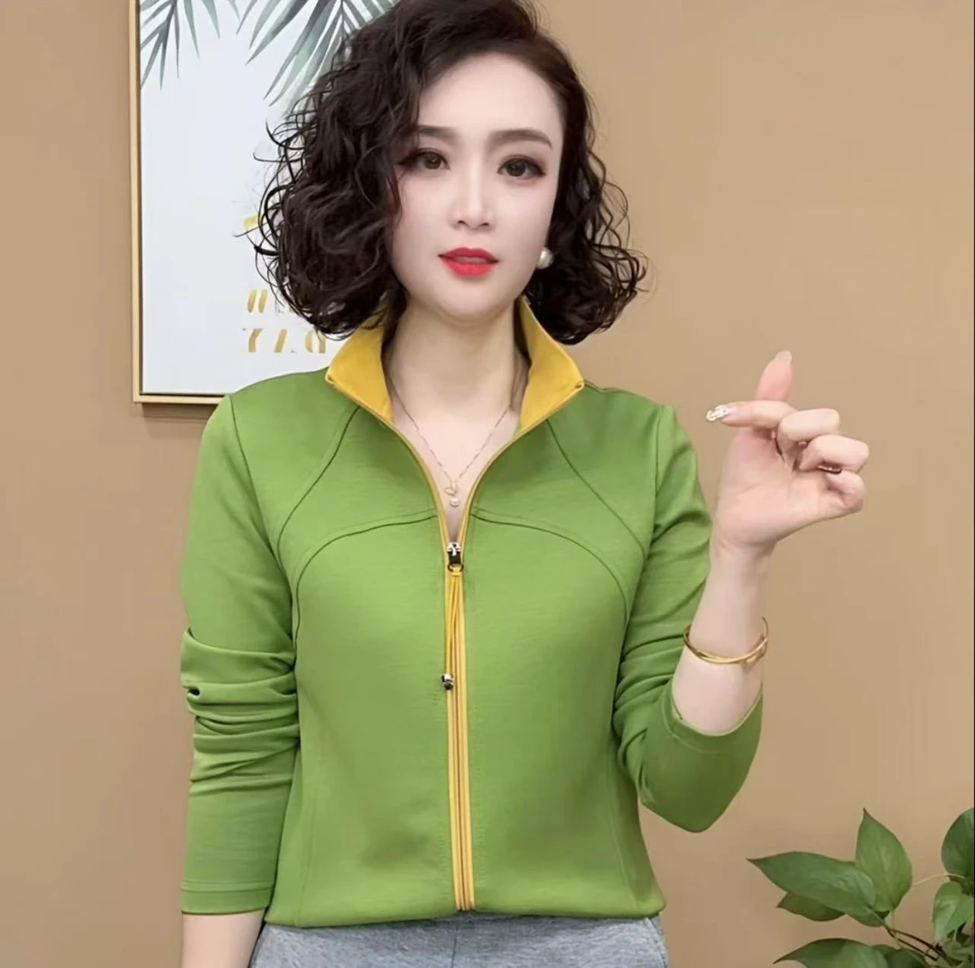 2025春季新品时尚百搭修身显瘦运动纯色拉链打底女士长袖上衣7843