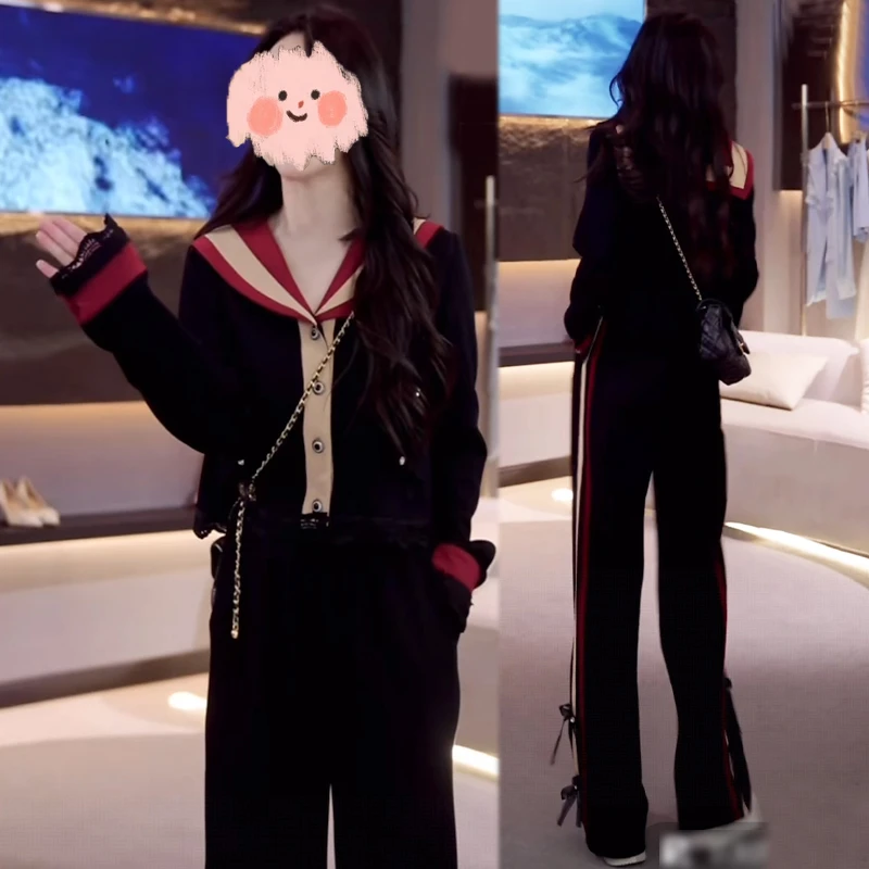 松弛感法式海军领上衣女2025春秋新款设计师款休闲百搭长裤两件套