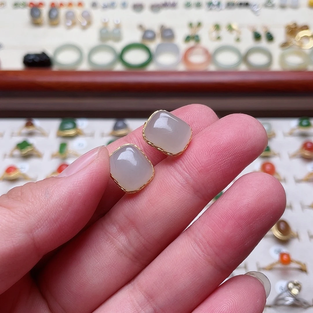 和田玉耳钩银S925镶嵌