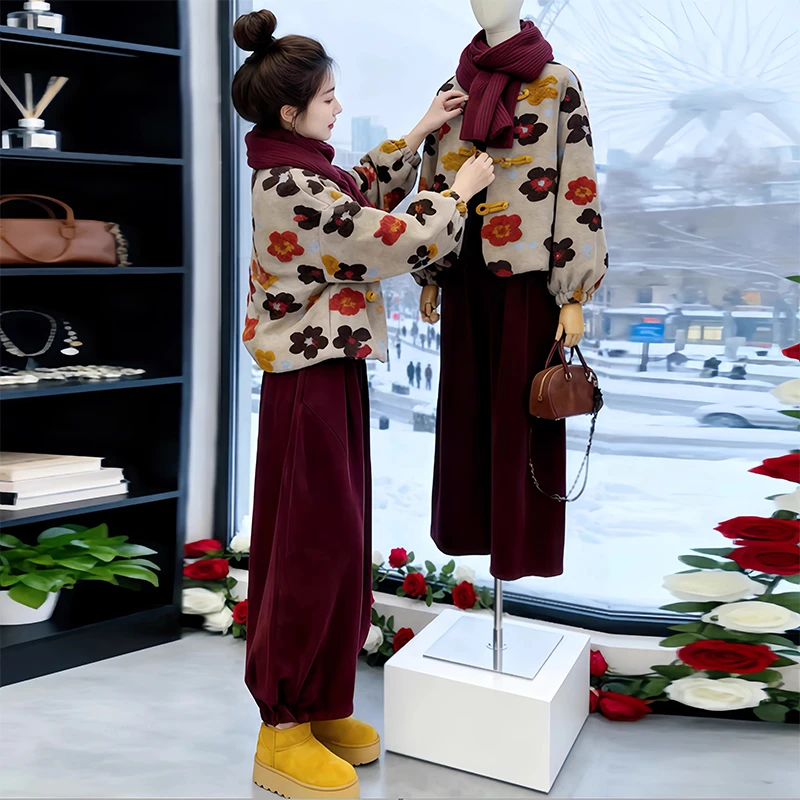 冬季一整套穿搭高级感复古撞色毛绒外套女显瘦宽松阔腿裤两件套装