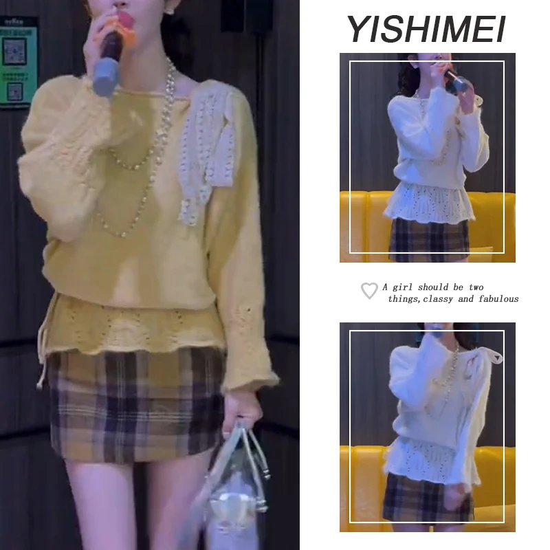 秋季超火一整套2025年新款韩系减龄镂空针织上衣格纹短裙两件套装