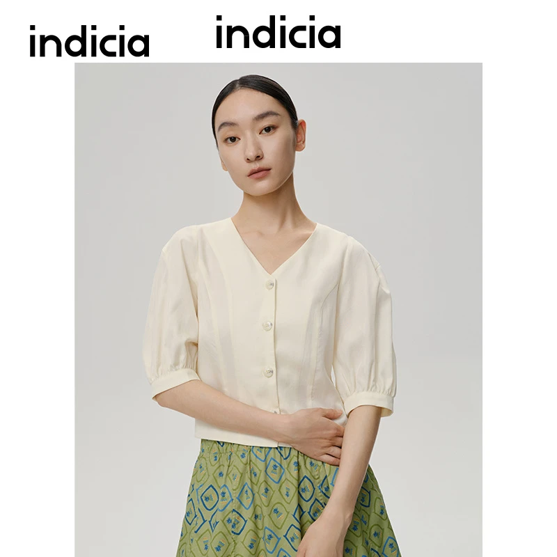 indicia标记商场V领天丝衬衫上衣女夏季休闲衬衣 5B306SY193