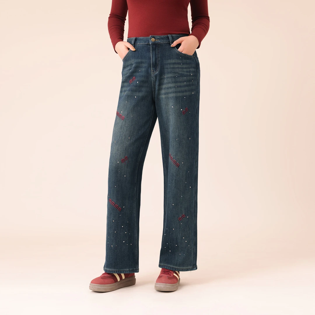 【烫钻水晶绒刺绣牛仔裤】MsShe大码女装春装阔腿裤 E2411047