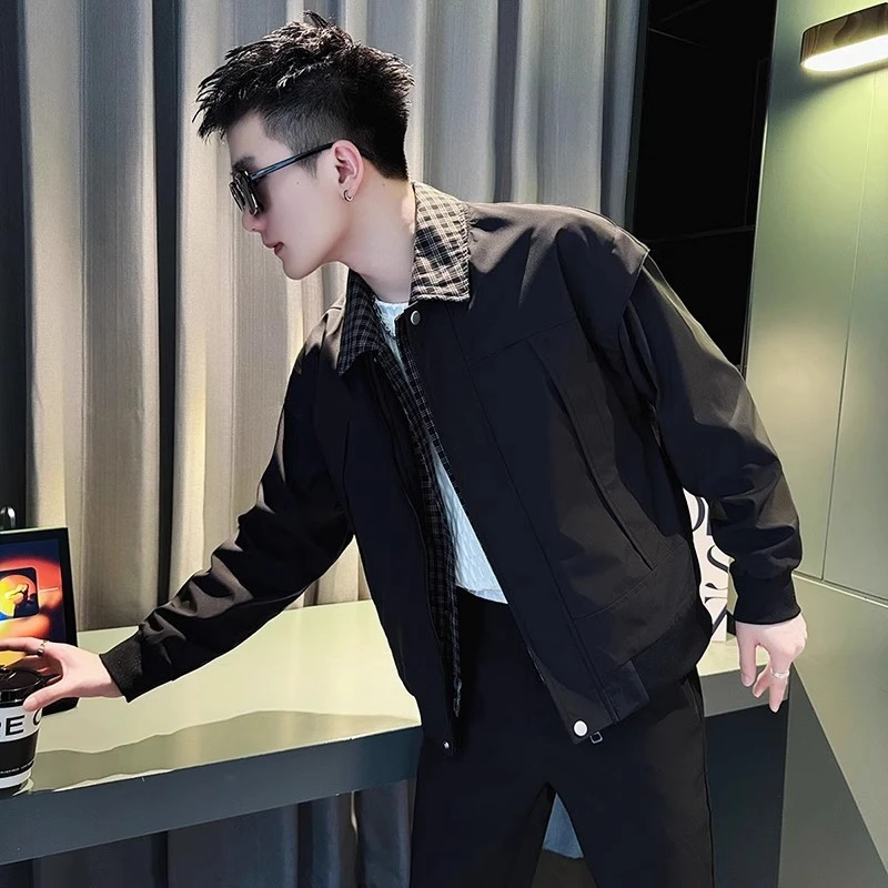 【奥莱清仓】春秋季新款假两件翻领外套男潮牌痞帅工装夹克拼接设