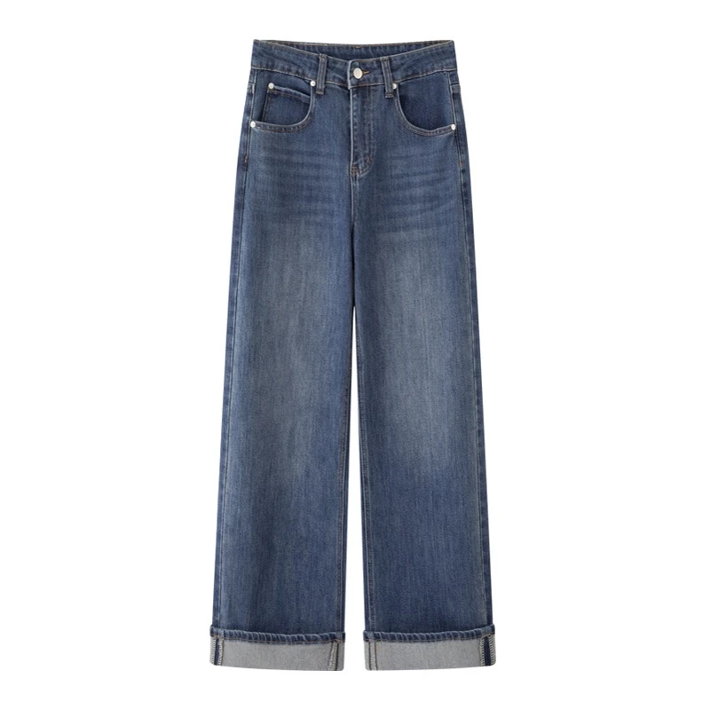 MM商场同款2025秋季新款时尚百搭直筒卷边复古牛仔裤女0531