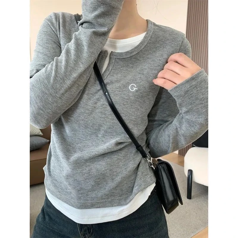 大码200斤港风小众慵懒风正肩收腰假两件上衣女春正肩百搭长袖t恤