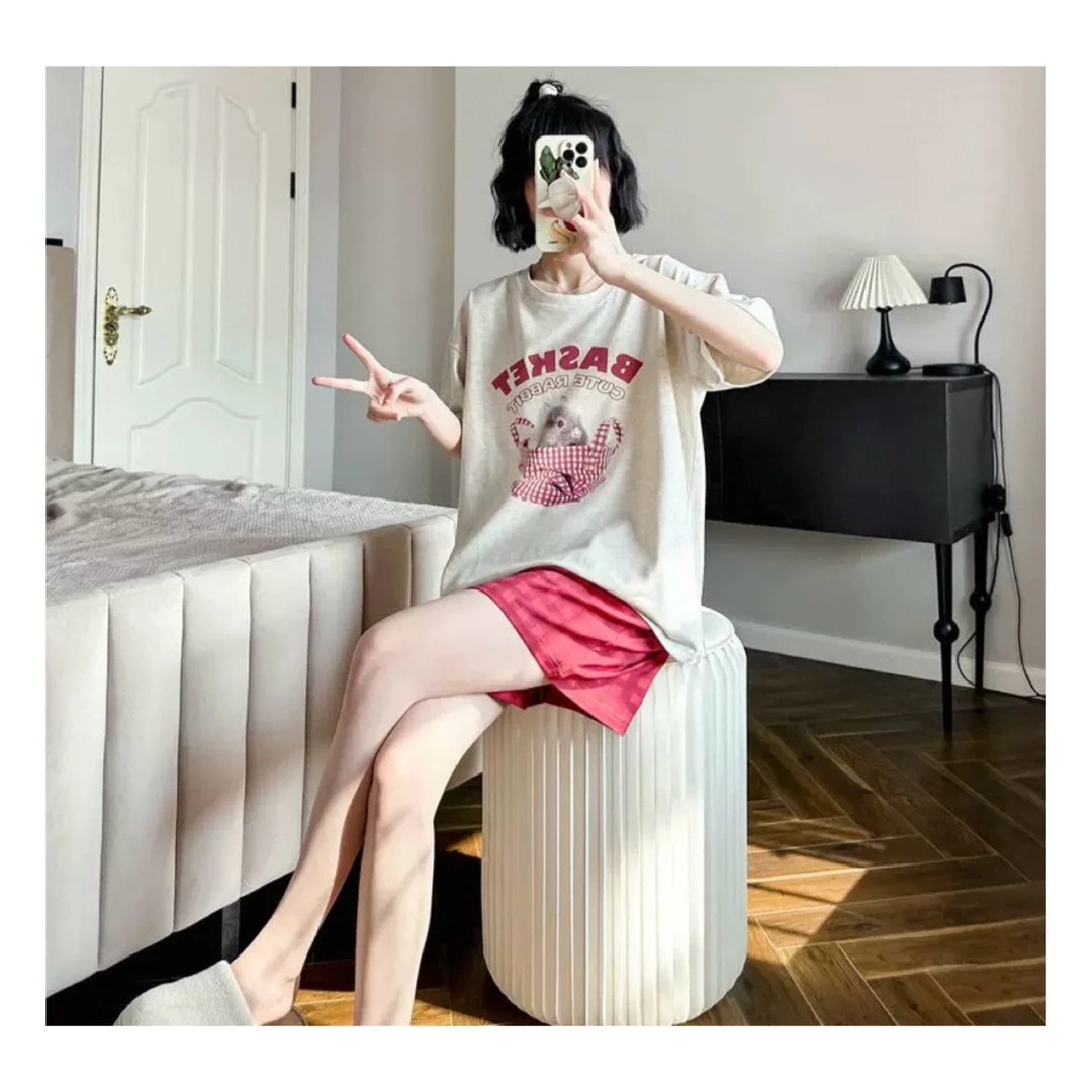 夏季女款纯棉睡衣可爱圆领短袖短裤休闲家居服套装（野餐兔子）