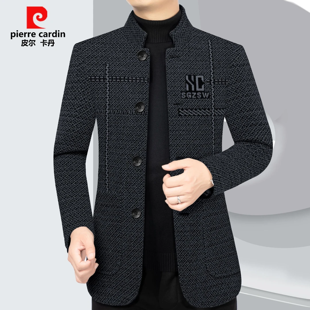 皮尔卡丹春秋款男士毛呢立领西装外套商务休夏男男士男士两粒西装