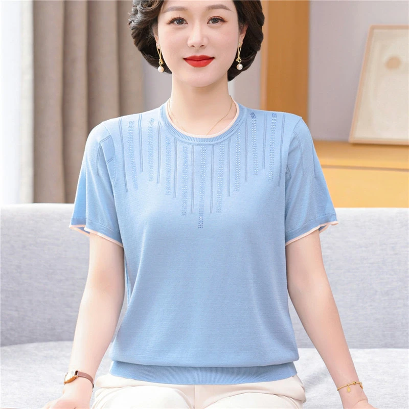 母亲节夏季新款短袖上衣妈妈夏装圆领针织冰丝小衫中老年宽松T恤