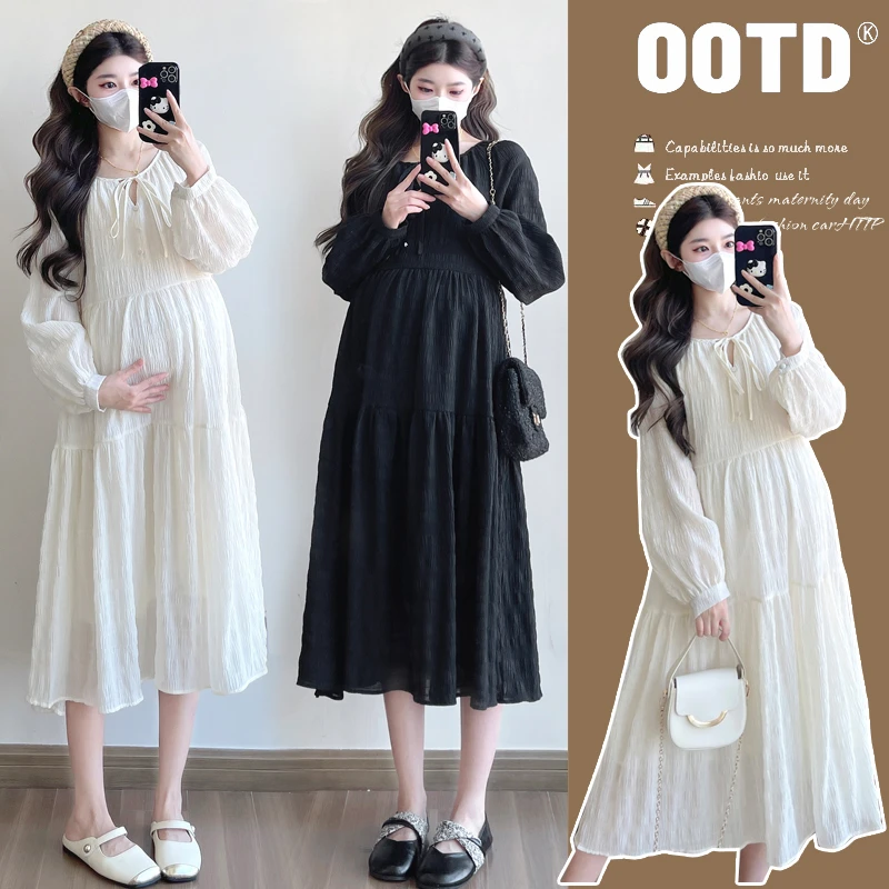 2025孕妇春季新款韩版显瘦气质领口镂空中长款大码孕妇连衣裙