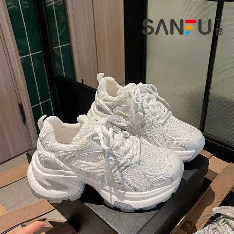 三福欧货厚底增高老爹鞋女2025新款夏季网面透气小个子休闲运动鞋