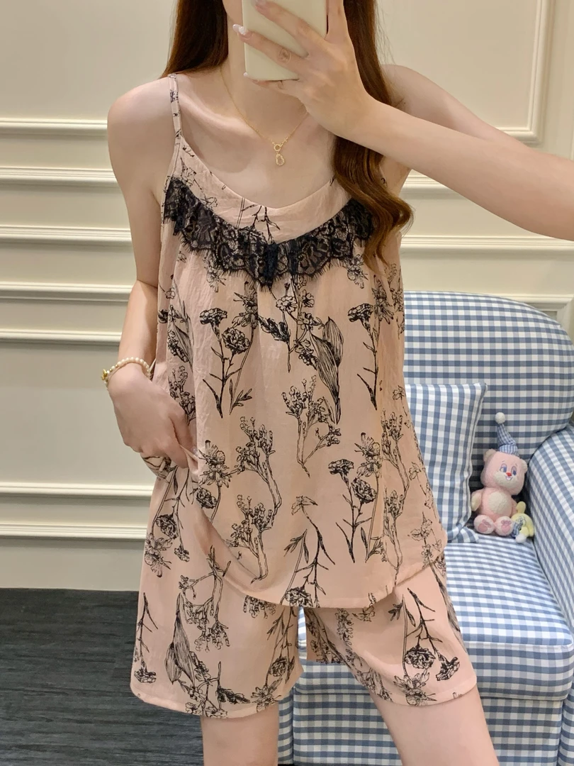 2025年夏季新款吊带睡裙短裤女云感棉带胸垫可外穿睡衣家居服套装