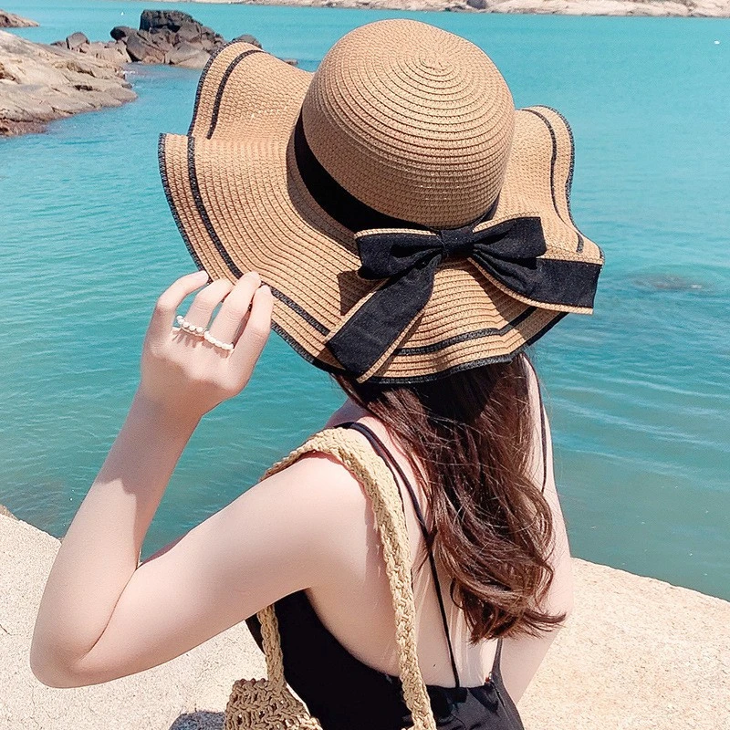 韩版草帽女夏季百搭大檐防晒遮阳帽时尚蝴蝶结飘带太阳帽沙滩帽