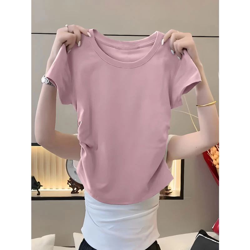 纯色褶皱短袖t恤衫女2025年新款夏季修身收腰别致设计感圆领上衣