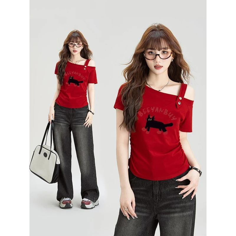 【ZHAP】新款斜领纽扣吊带露肩短袖t恤女红色休闲盐系韩版百搭上衣