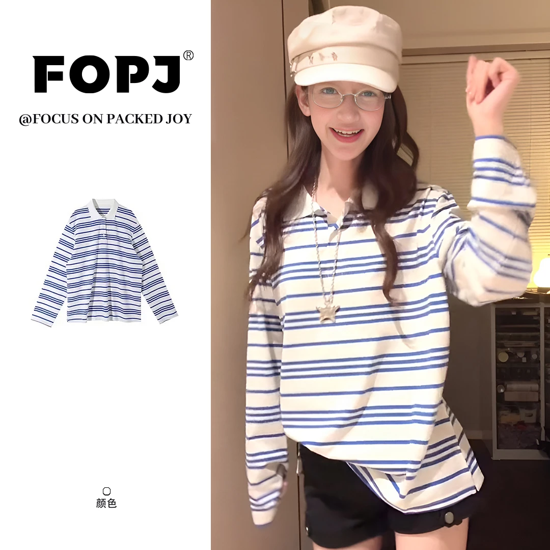 FOPJ韩系少女风蓝白条纹正肩POLO领长袖t恤女时尚设计感休闲上衣