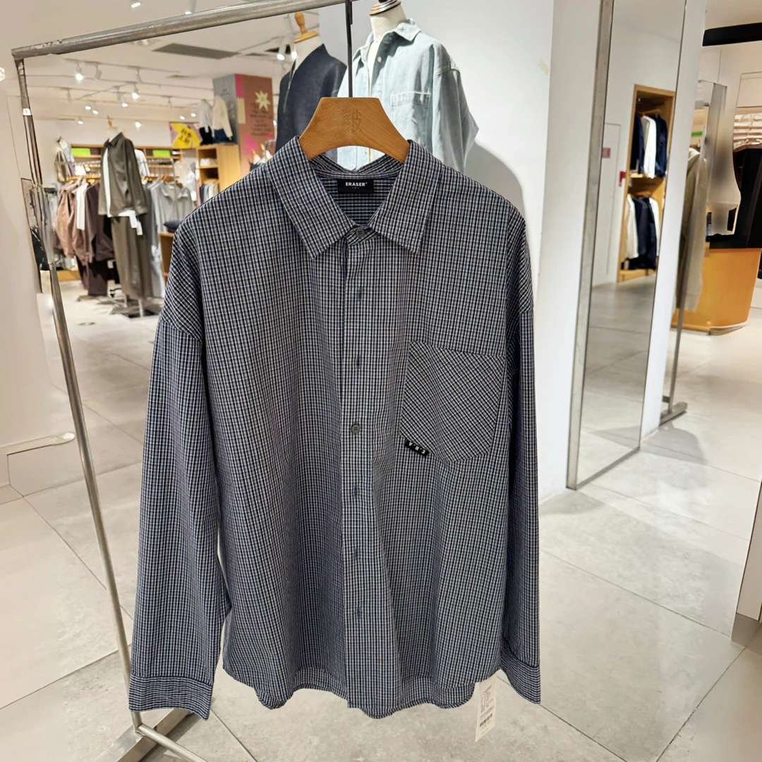 橡皮男装2243109007秋季40支高密100%棉灰白格长袖宽松格子百搭