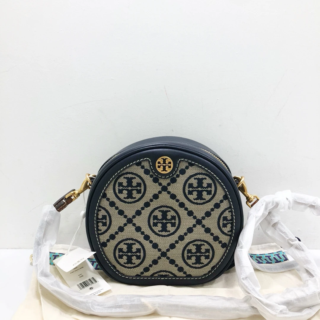 未使用 TORY BURCH/汤丽柏琦 藏蓝色老花帆布拼皮圆饼单肩斜挎包