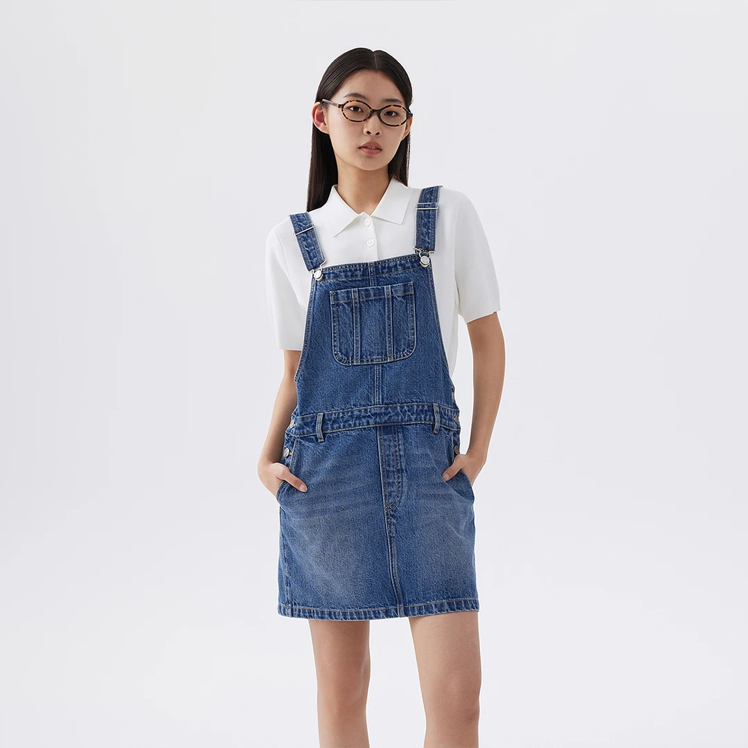 FIVE PLUS夏季天丝牛仔连衣裙女减龄背带短款洗水复古2LN3080340
