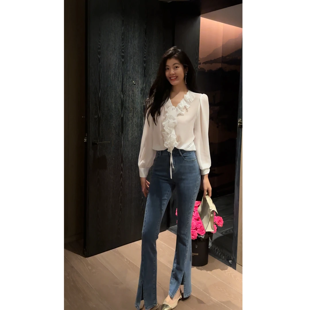 N.COU妮蔻25秋新款法式浪漫优雅气质通勤风V领荷叶边衬衫DY22126