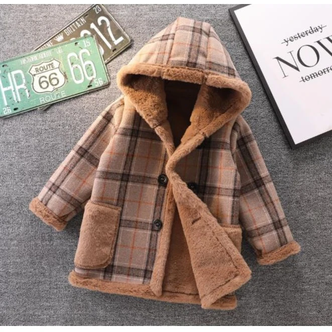 【现货捡漏】男童加绒炸街外套毛呢格子中长款加棉外套