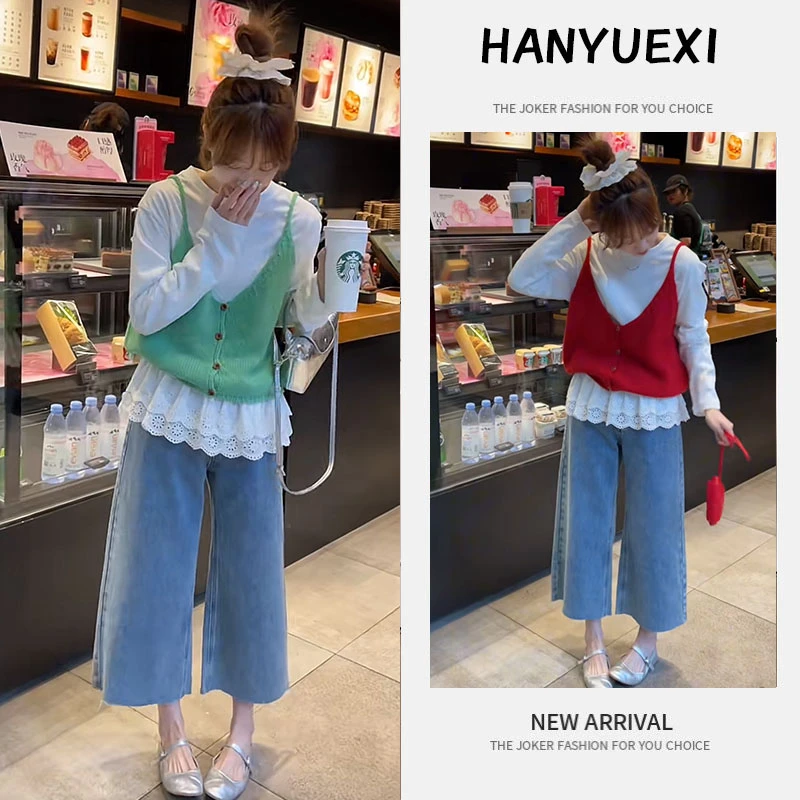 早秋一整套女装2025新款设计感蕾丝拼接打底衫吊带牛仔裤三件套潮