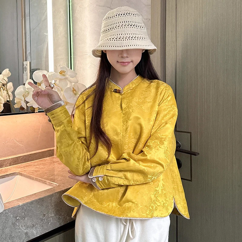 深圳南油高档女装新中式国风丝棉麻混纺提花上衣秋冬高级唐装外套