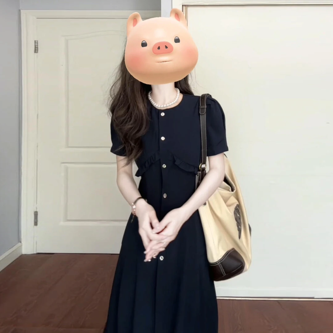 法式气质蓝色连衣裙子女夏季2025新款简单大方高级感收腰显瘦长裙