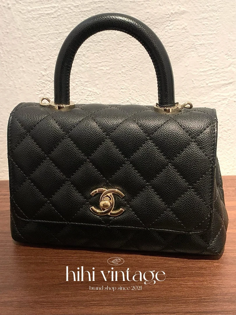 99新 Chanel/香奈儿 HIHI21A黑金荔枝纹手柄cocohandleminiJL