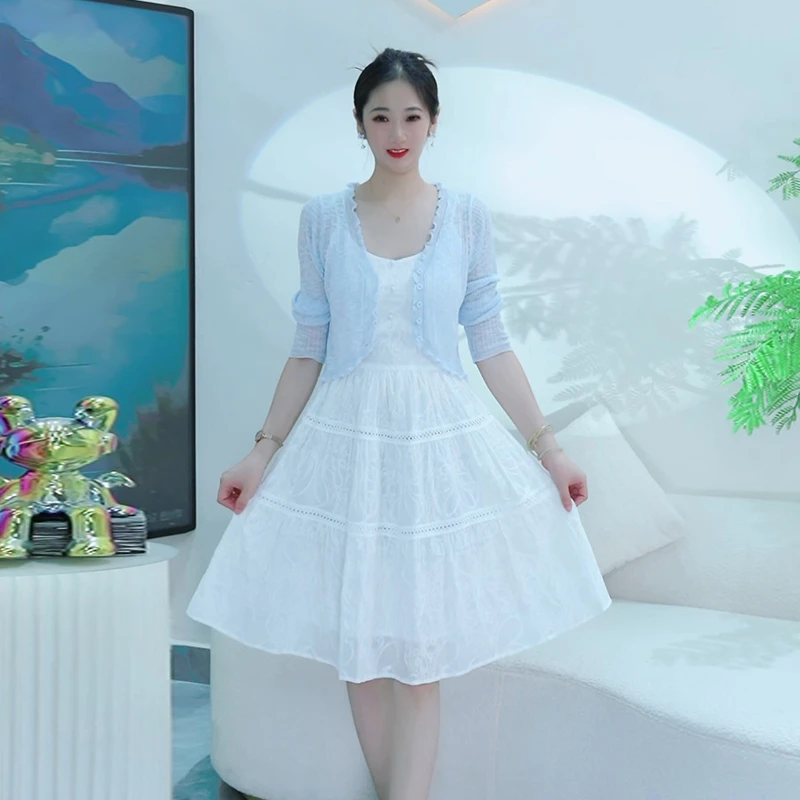 2025秋季刺绣白色吊带连衣裙时尚女装温柔风两件套裙子套装3066