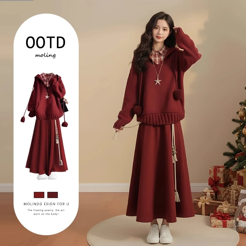 圣诞穿搭巨好看红色针织连衣裙子女独特漂亮冬装一整套法式毛衣裙