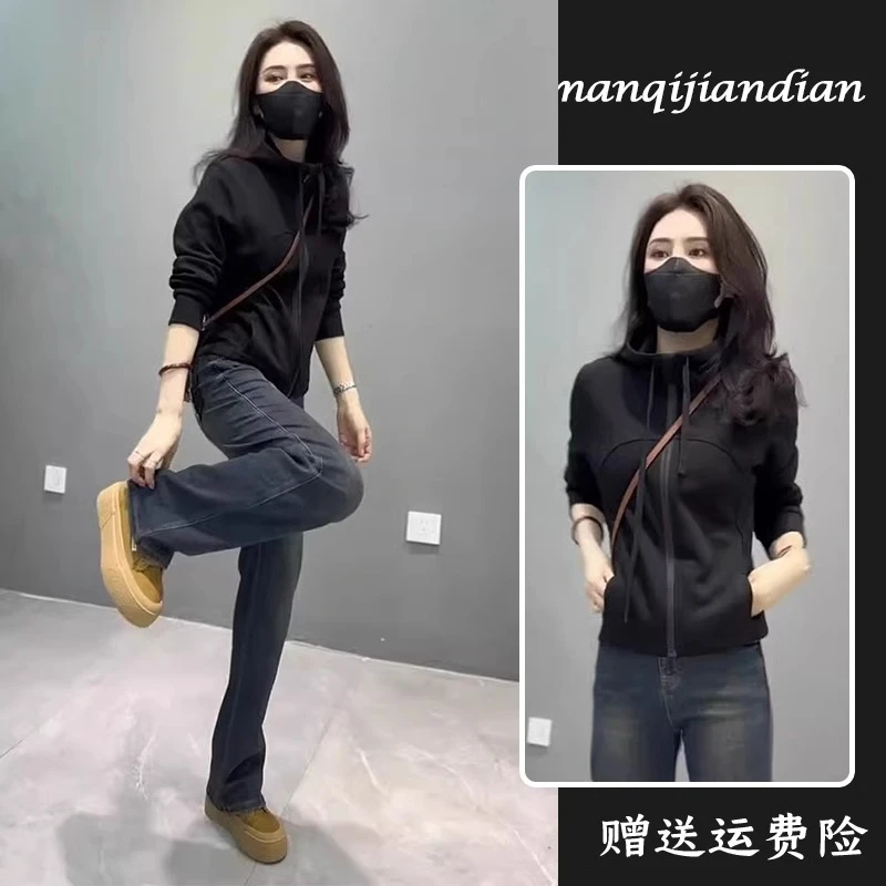 2025春季新款欧货爆款今年流行时尚洋气高级感黑色连帽卫衣外套女
