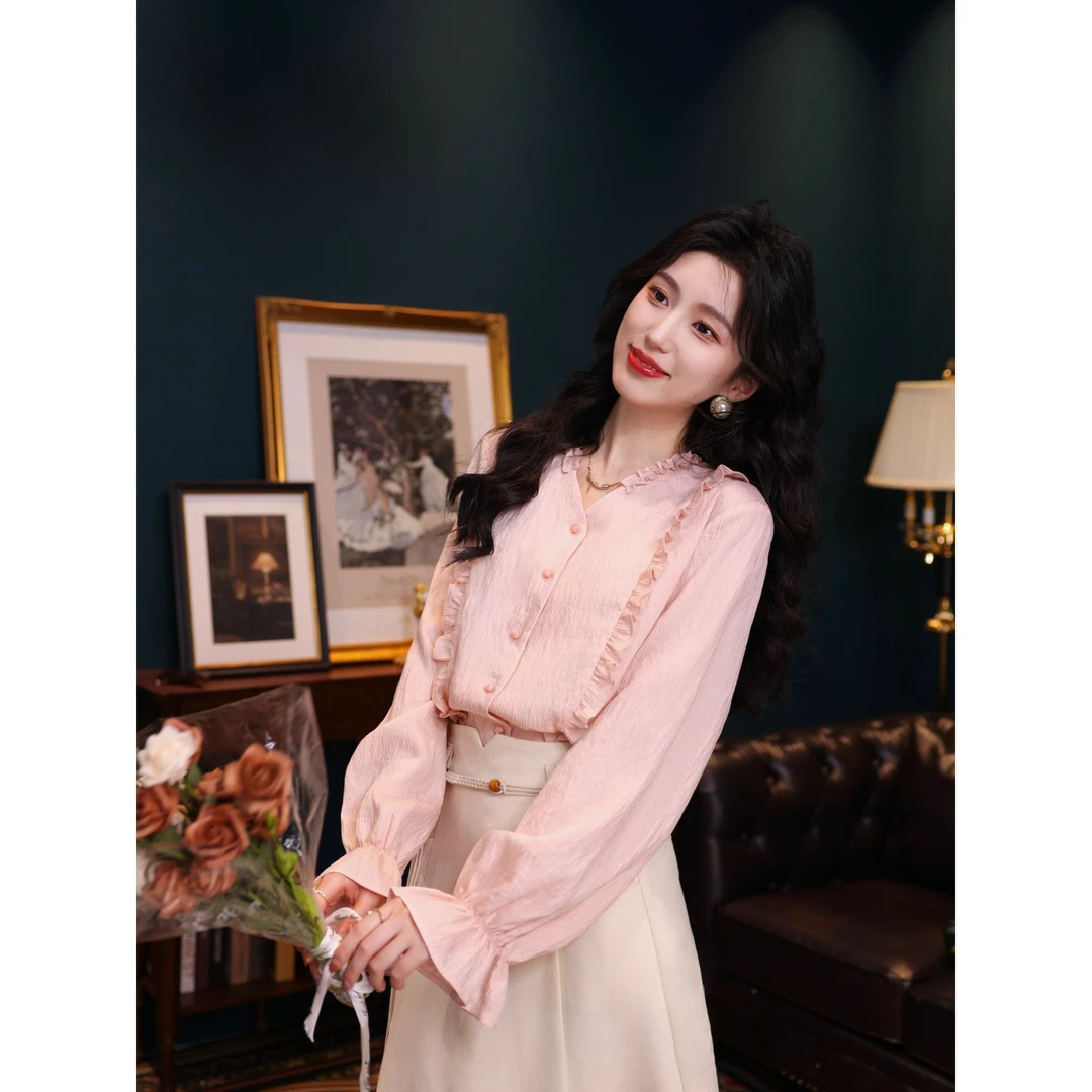 琦琦【江南美人】港风复古纯色长袖衬衫宽松百搭上衣YE0706219