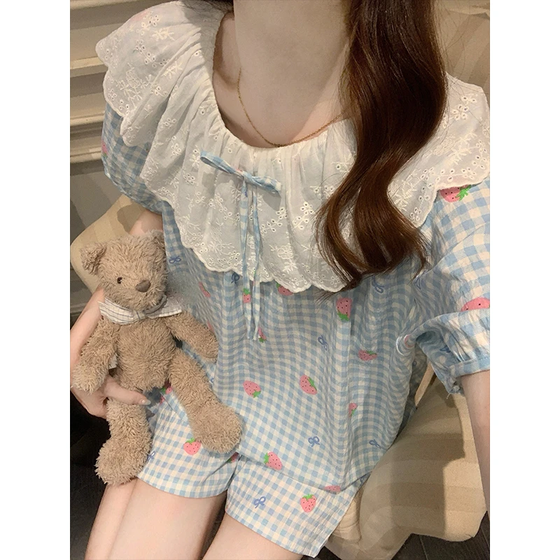 夏季薄款甜美格子公主风短袖睡衣女2025年新款蕾丝花边家居服套装