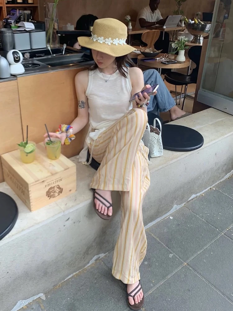 【系结背心亚麻自留裤】夏季无袖系结背心+条纹麻裤慵懒条纹长裤