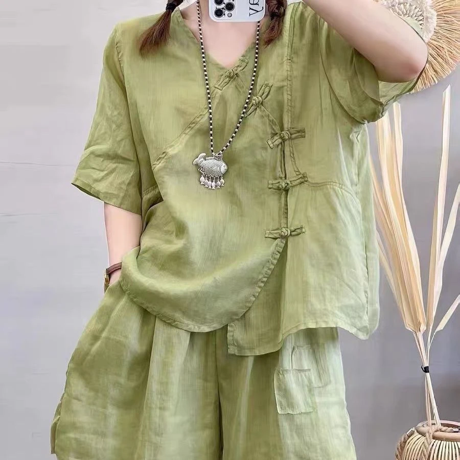 棉麻中式国风纯色苎麻套装女2025夏装复古盘扣衬衫短裤薄款两件套