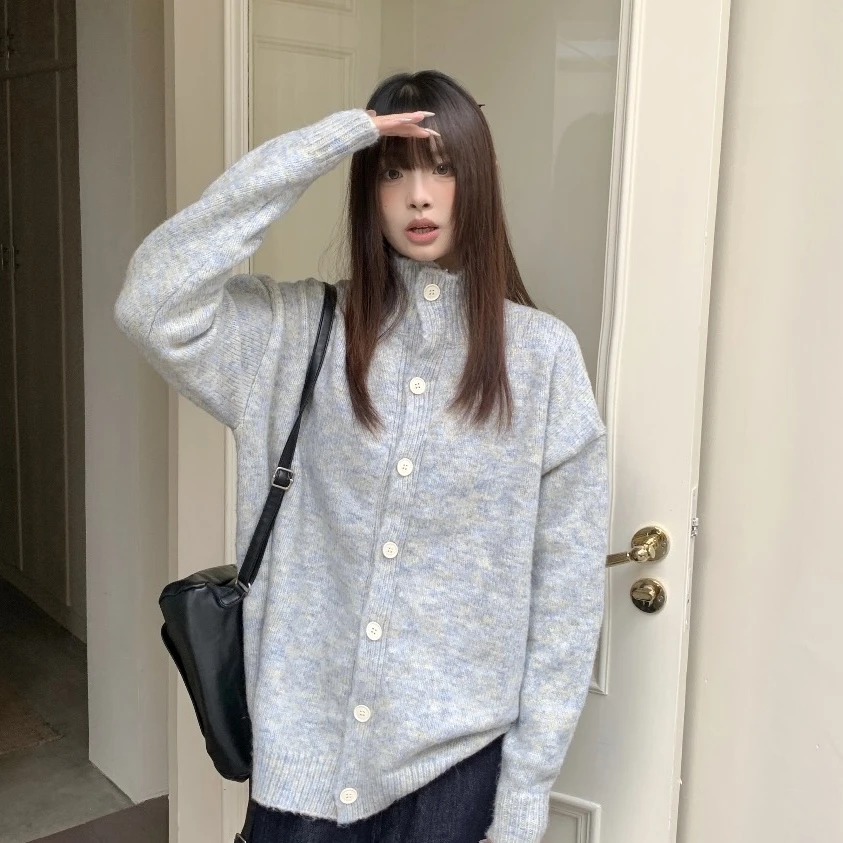 【蛋蛋专属】美式复古单排扣宽松休闲开衫立领针织衫BU128