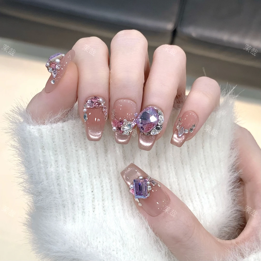茉哉I现货【琉璃紫露】纯手工定制满钻美甲拆卸穿戴甲A3855