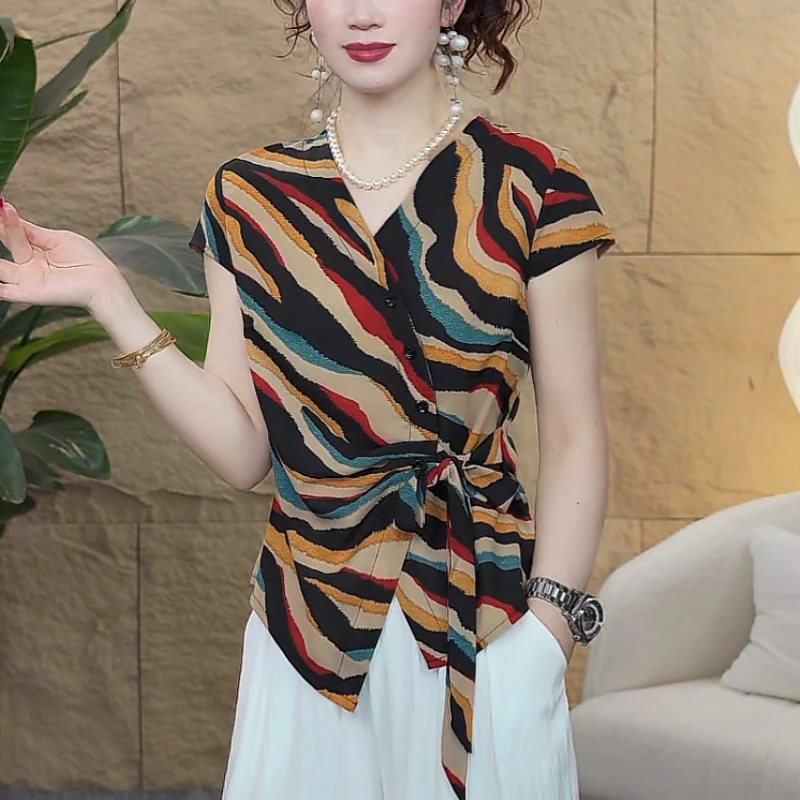 【歌莱图】夏季新款时尚修身绑带收腰印花短袖T恤上衣#2025