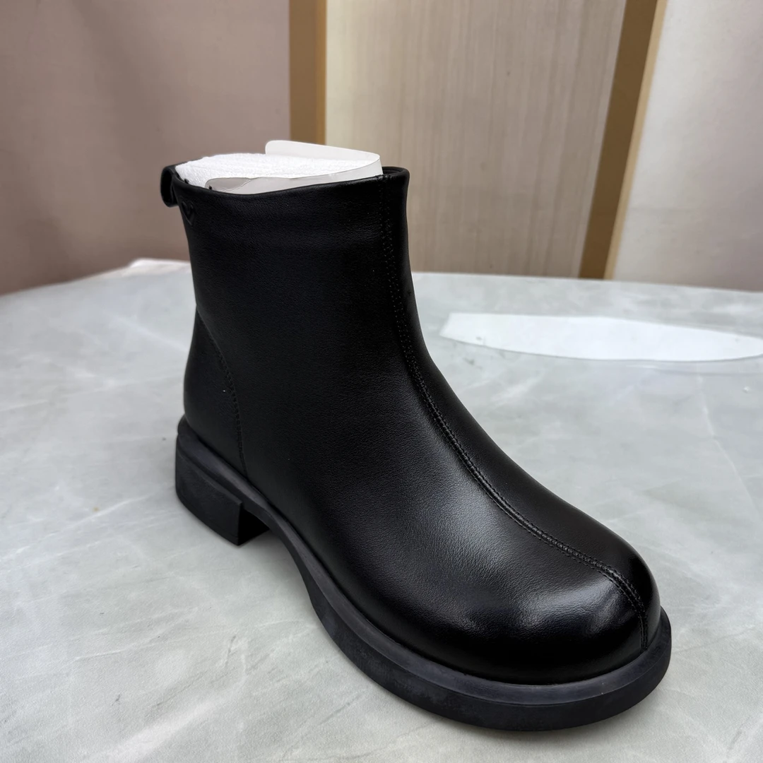 5404秋冬牛皮加棉女士短靴侧拉链圆头低跟休闲百搭软底防滑