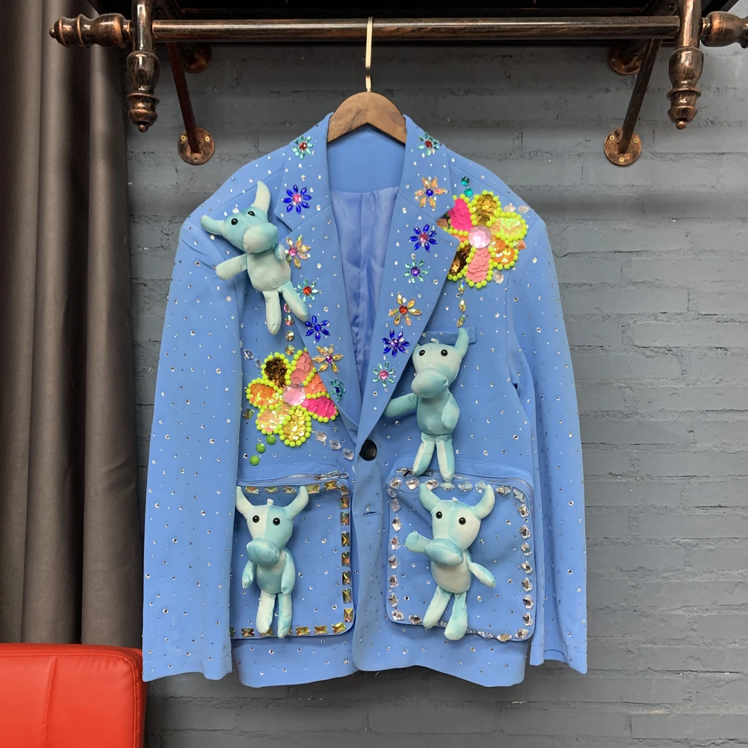 春季新款 高温烫钻潮蓝色西装外套