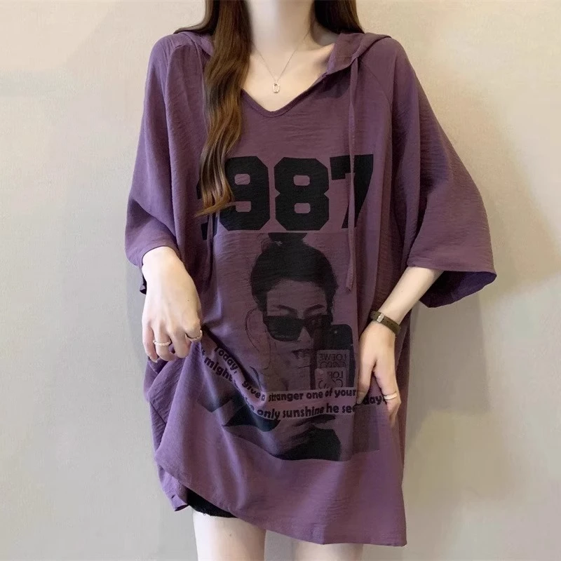 欧洲站紫色连帽正肩短袖T恤女夏季大码胖mm宽松中长款遮屁股上衣