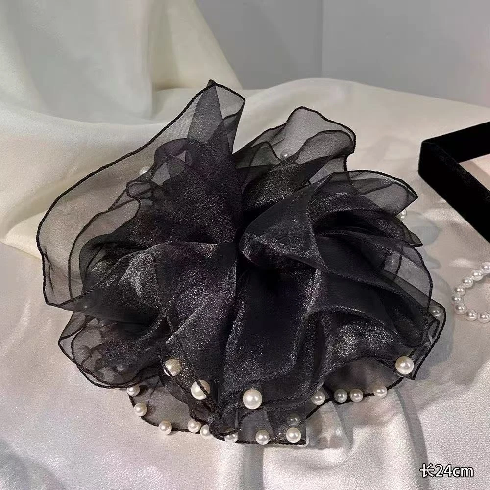 高级感大肠发圈欧根纱法式温柔珍珠头绳女扎头发发圈黑色头饰发饰
