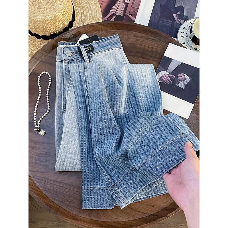 美式复古高腰阔腿牛仔裤女2025新款蓝色宽松烫钻窄版直筒裤子潮流
