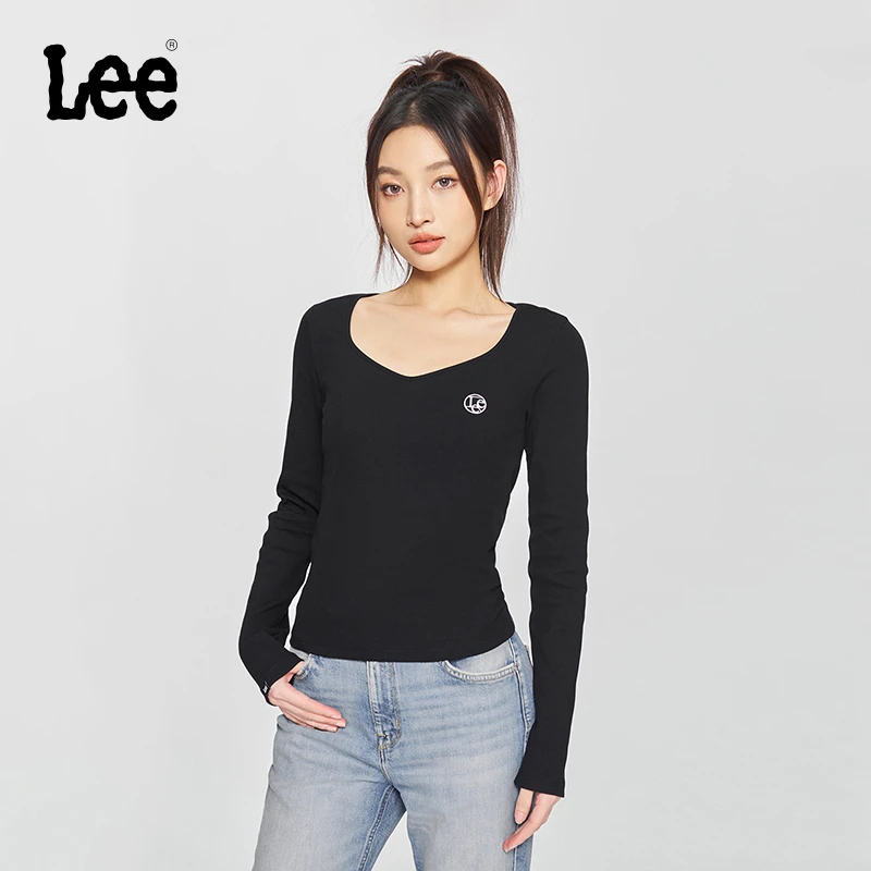 Lee商场同款25早春修身版型大V领黑色女长袖T恤LWT010187206