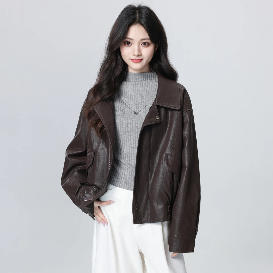 美式复古皮衣外套女春秋2025新款设计感翻领机车pu皮夹克开衫上衣