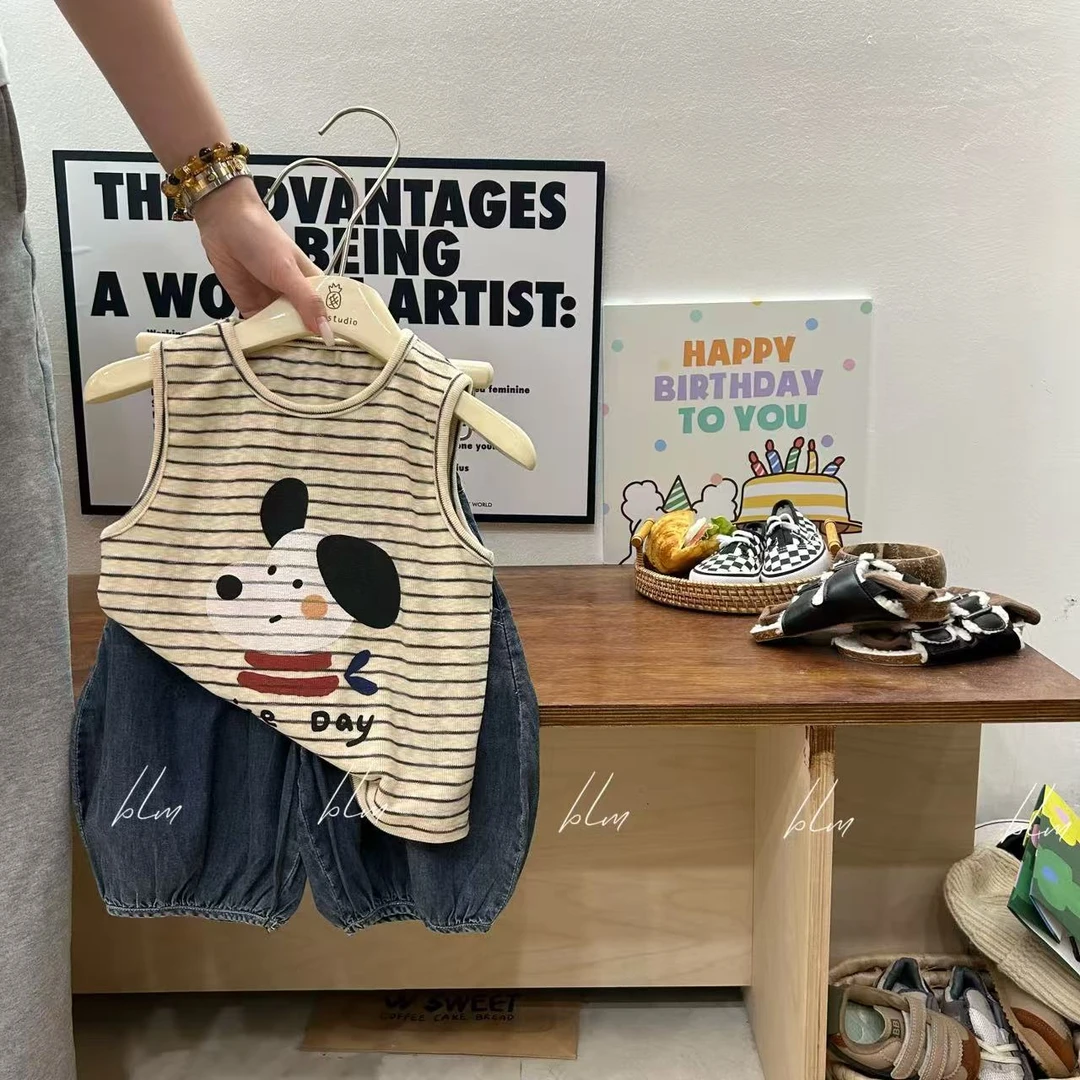 儿童套装2025夏季新品韩国男女童条纹落肩袖背心宝宝休闲牛仔短裤